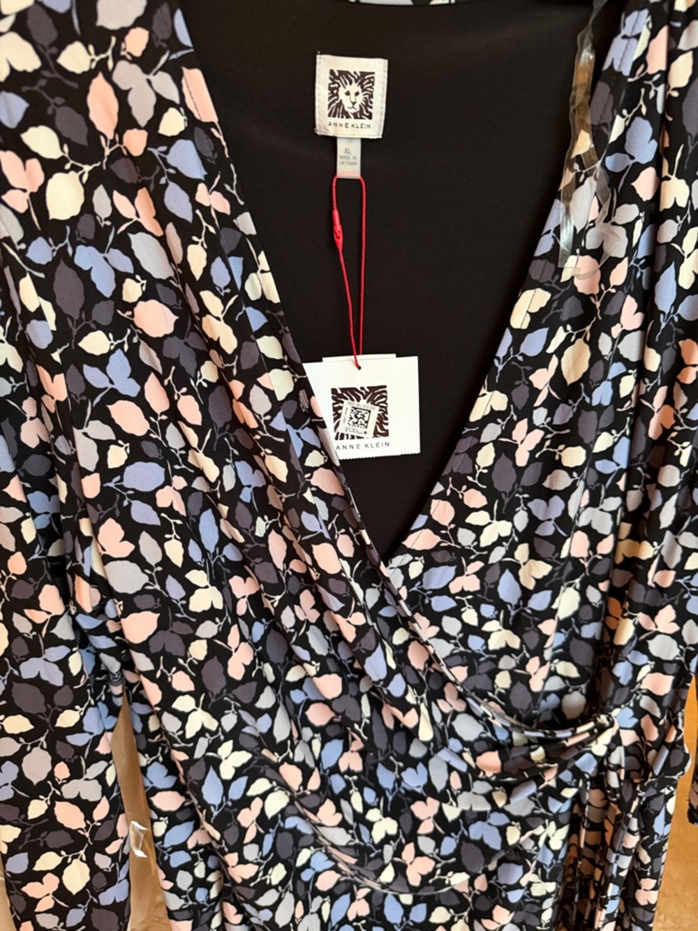 Anne Klein Black Floral Wrap Blouse with Pink, Blue and Cream Accents - Picture 3 of 5